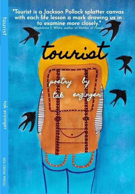 The front cover of tak erzinger's book titled Tourist. It has a person with a brown back pack. The moon is in front of her and black birds flying in the horizon.